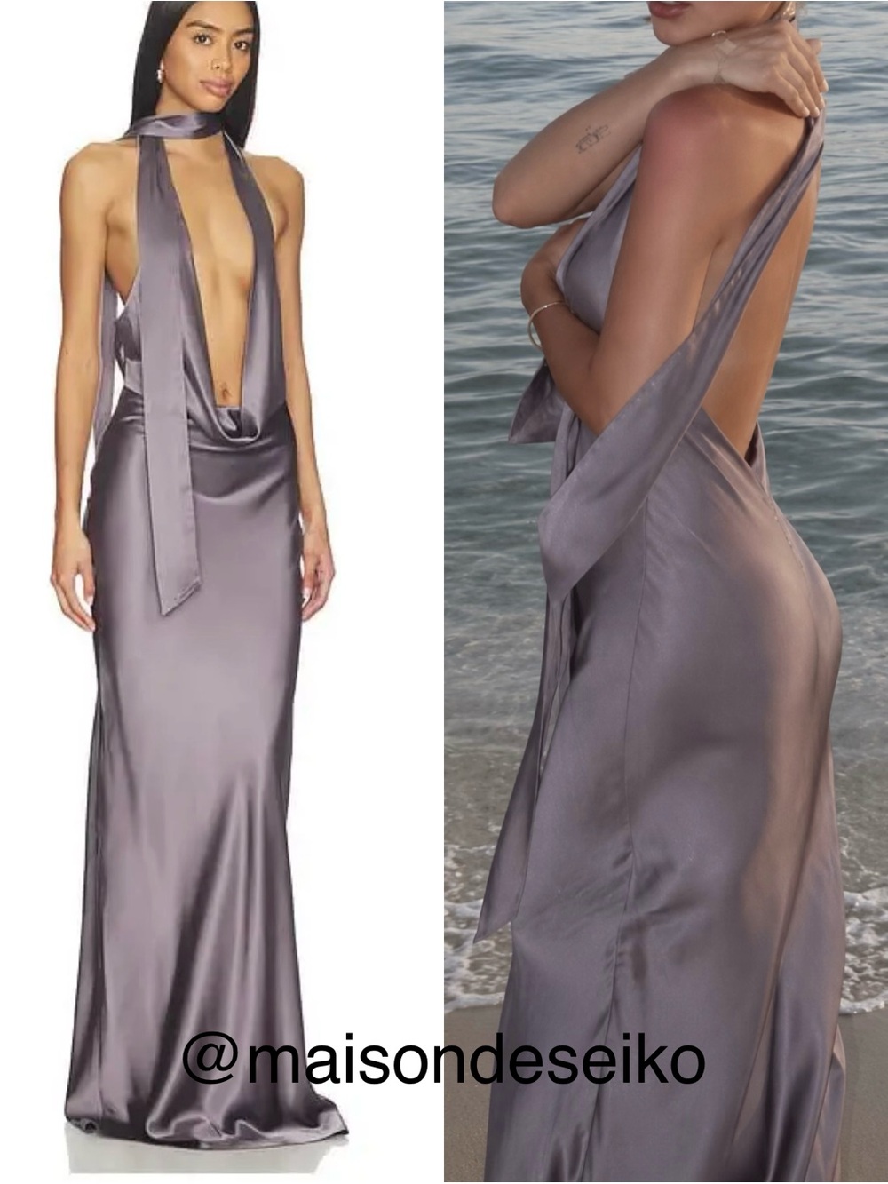 NBD Maxi Dress Gray Satin Naila Halter Cowl Neck Gown Wedding Guest S